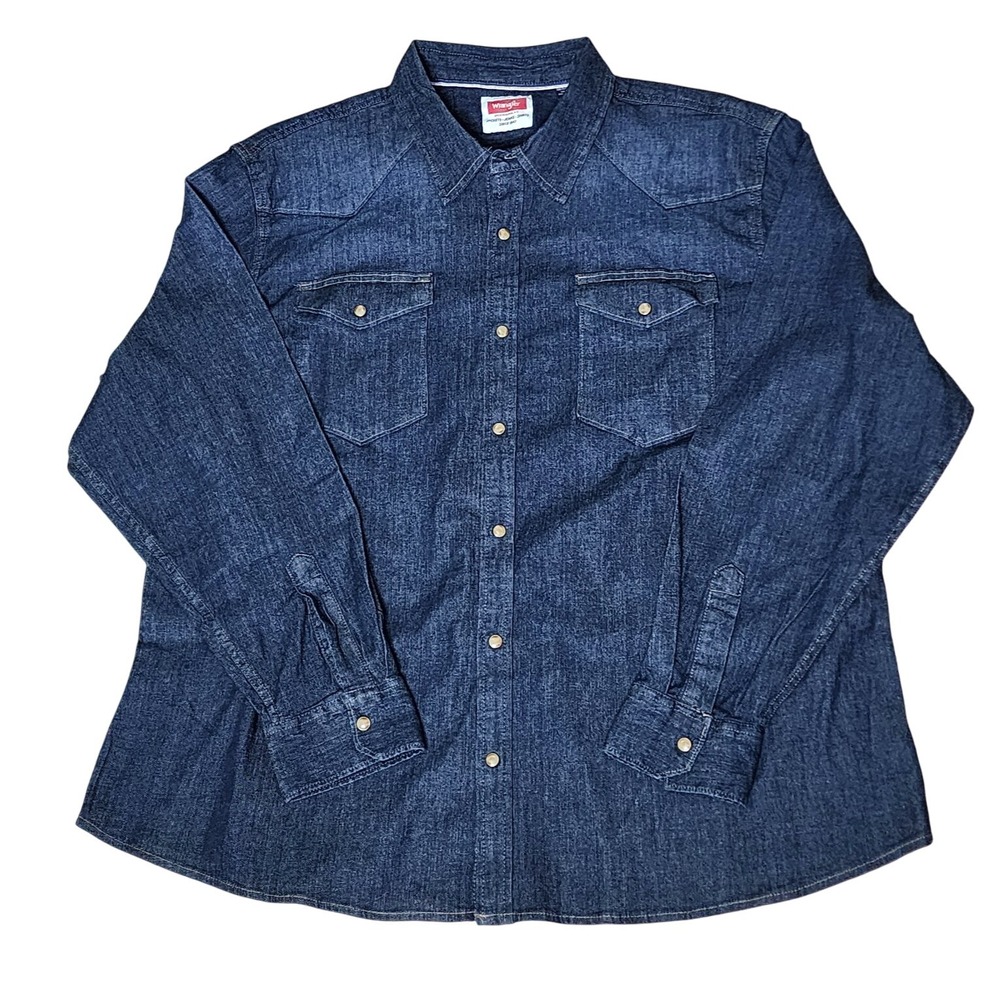 Wrangler Pearl Snap Denim Shirt 2XL XXL Cowboy Rodeo Slim Untuck Fit Dark Wash